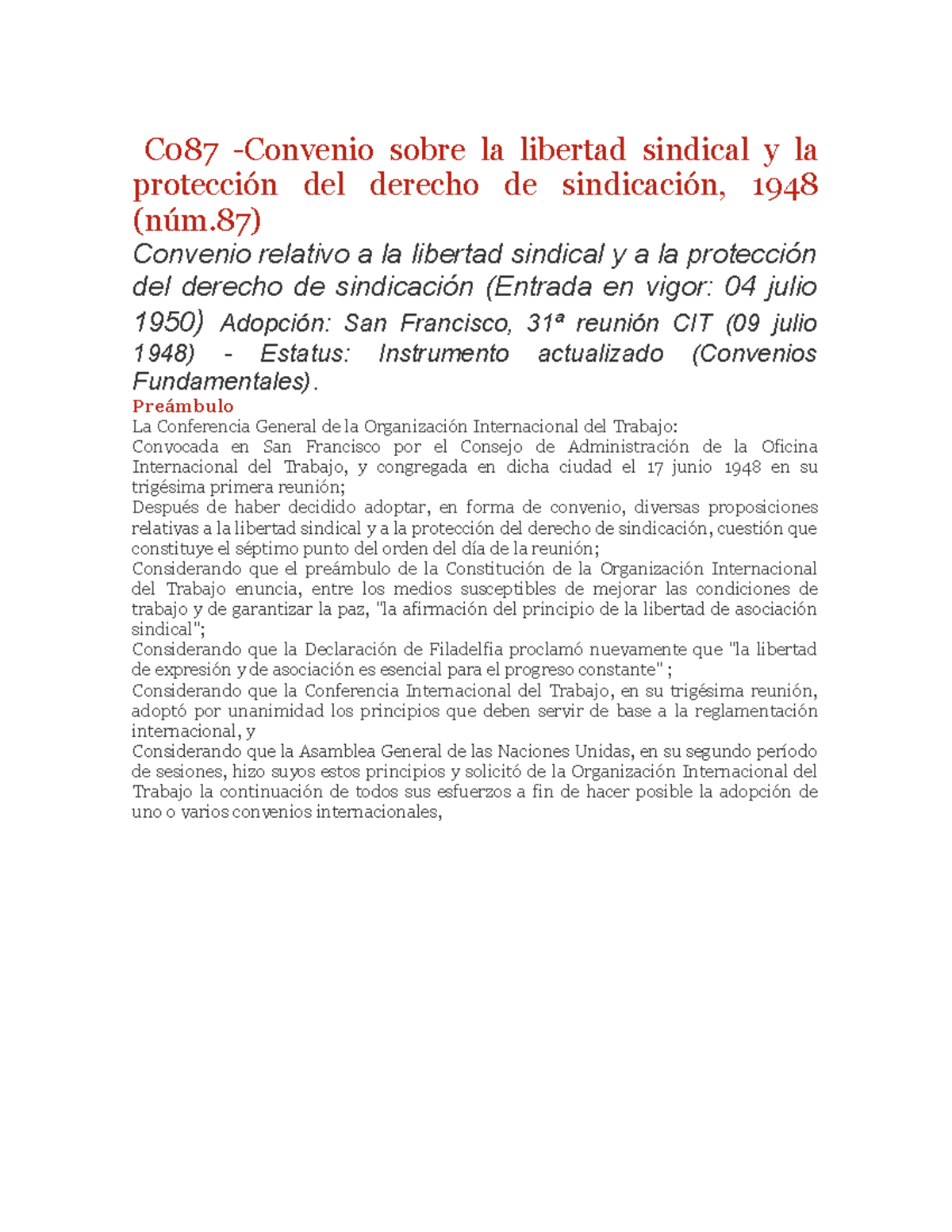 Convenio 87 de la OIT - Documento de estudio de Derecho - C087 ...
