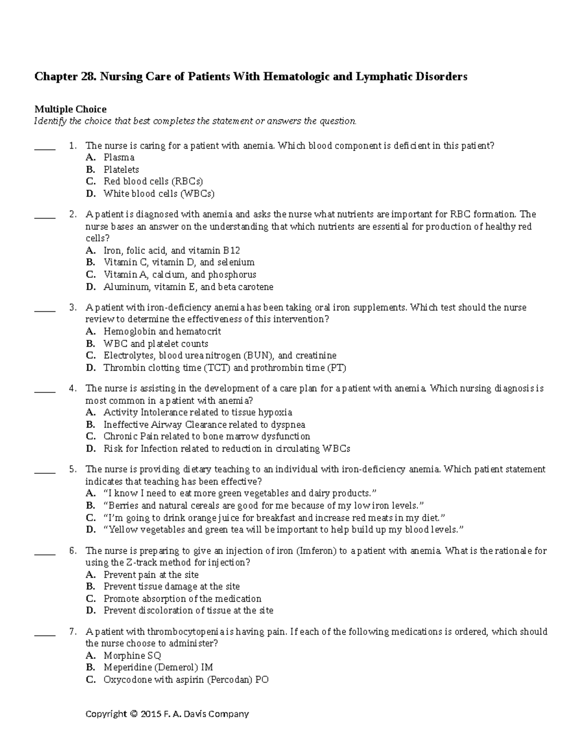 Chapter 28 - Practice Tests - Chapter 28. Nursing Care Of Patients With ...