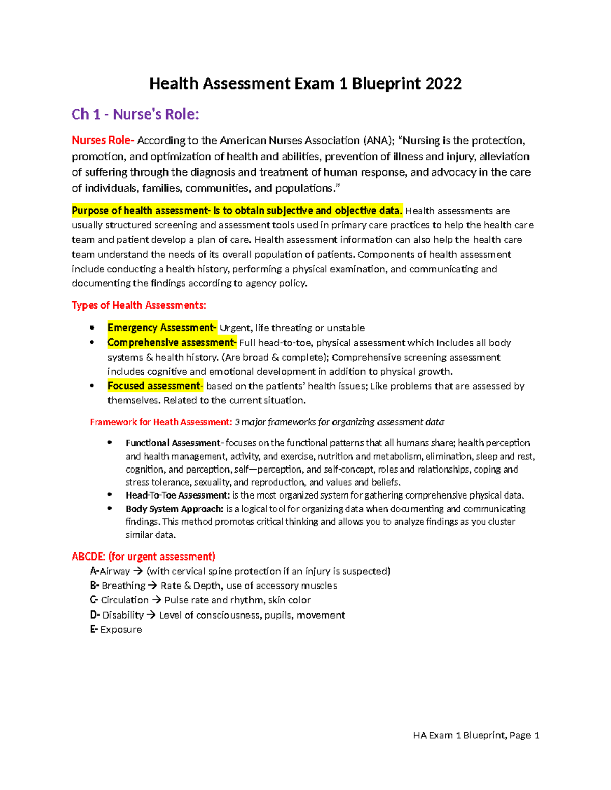 2022 EXAM 1 Health Assessment Exam 1 Blueprint 2022.docx - Health ...