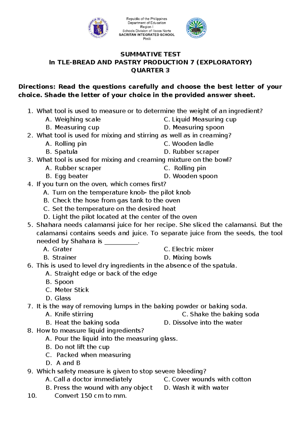 571175534 Summative Test in Bpp 7 SUMMATIVE TEST In TLEBREAD AND