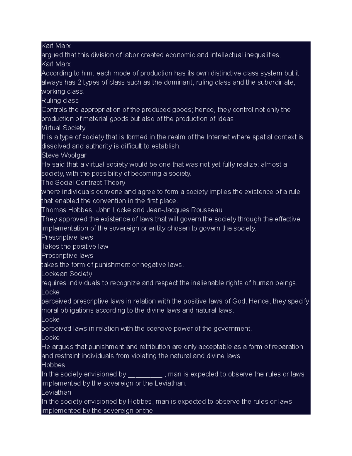 Karl Marx vocab Karl Marx argued that this division of labor