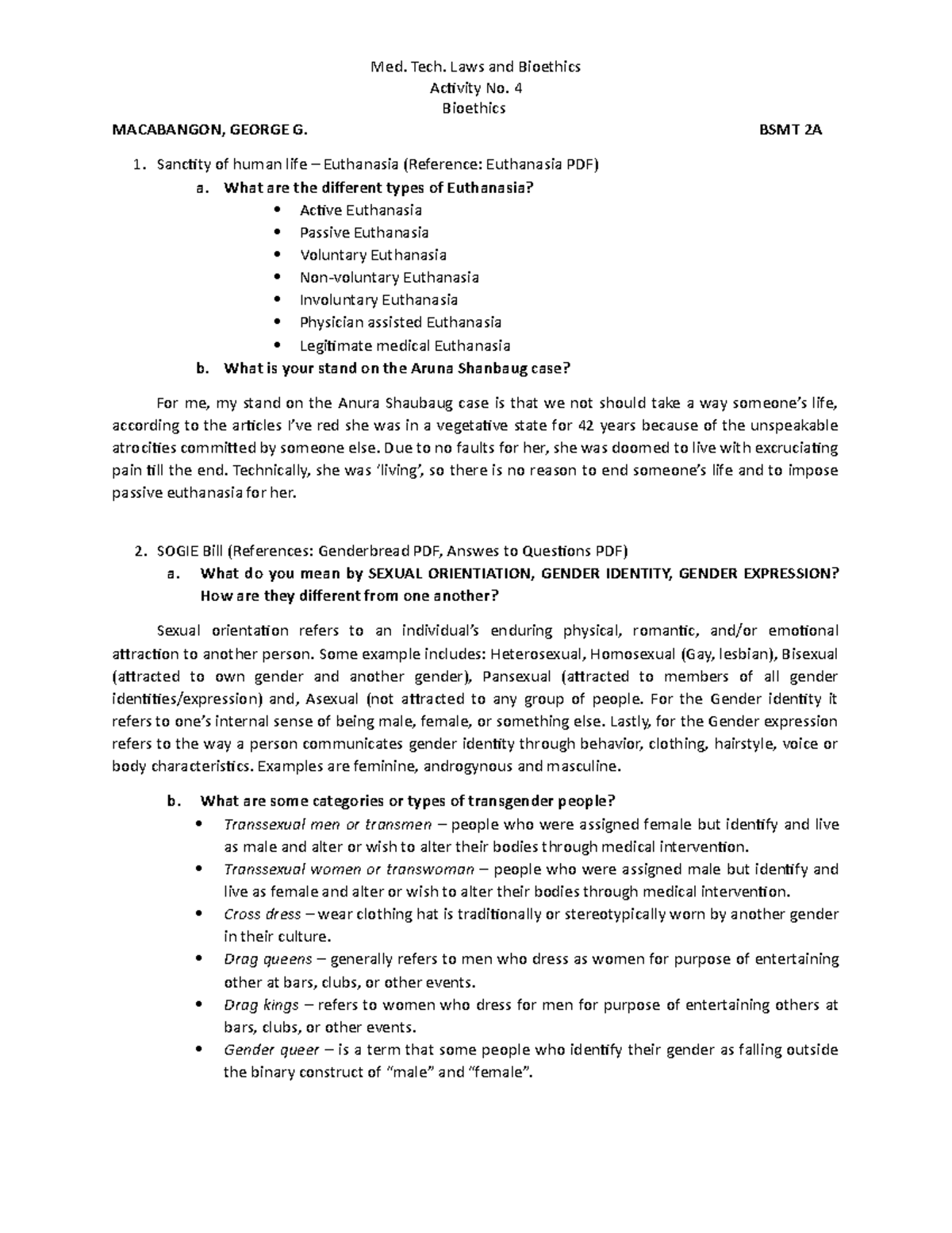 Activity 4 -Sanctity of human life – Euthanasia - medtech laws - StuDocu