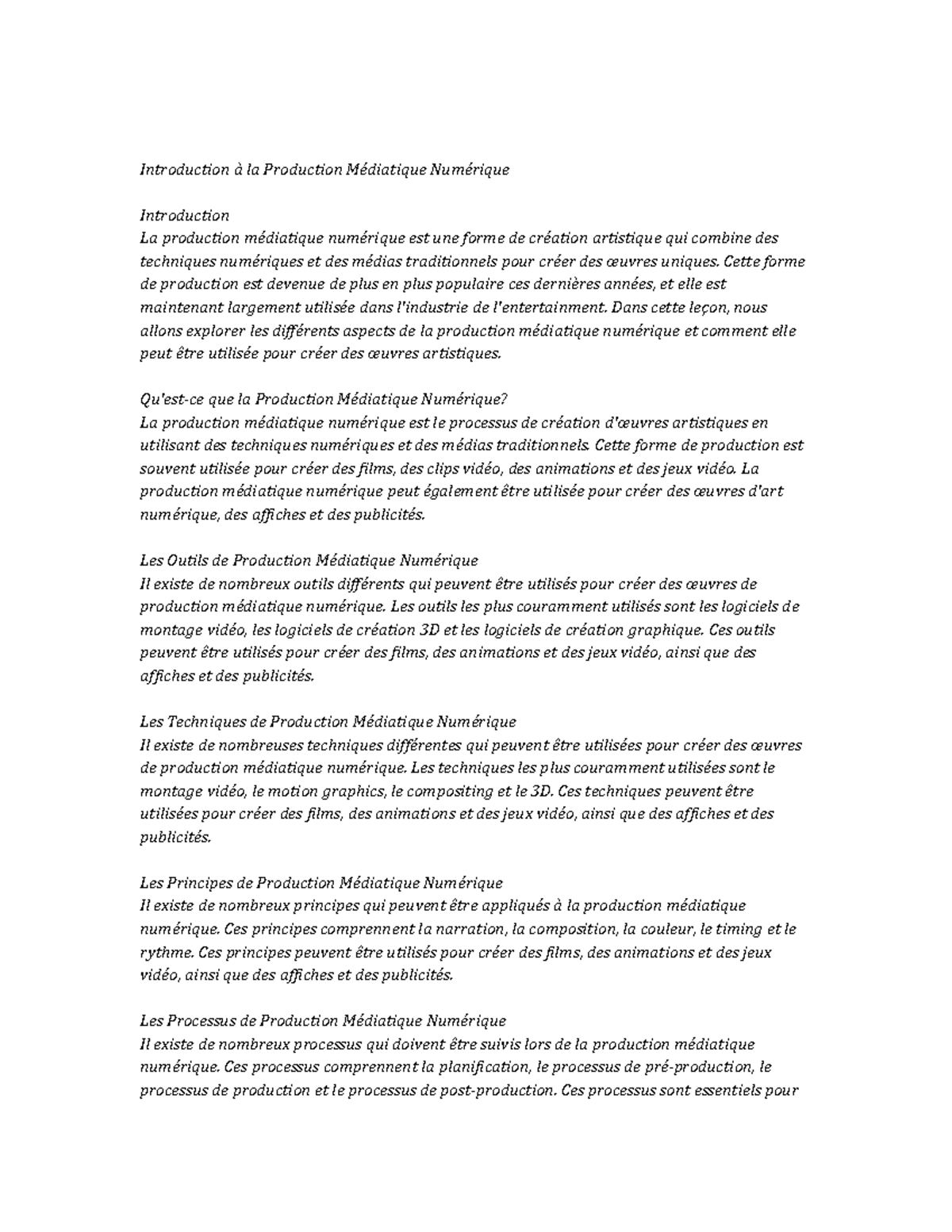 Digital Media Production note study Introduction à la Production