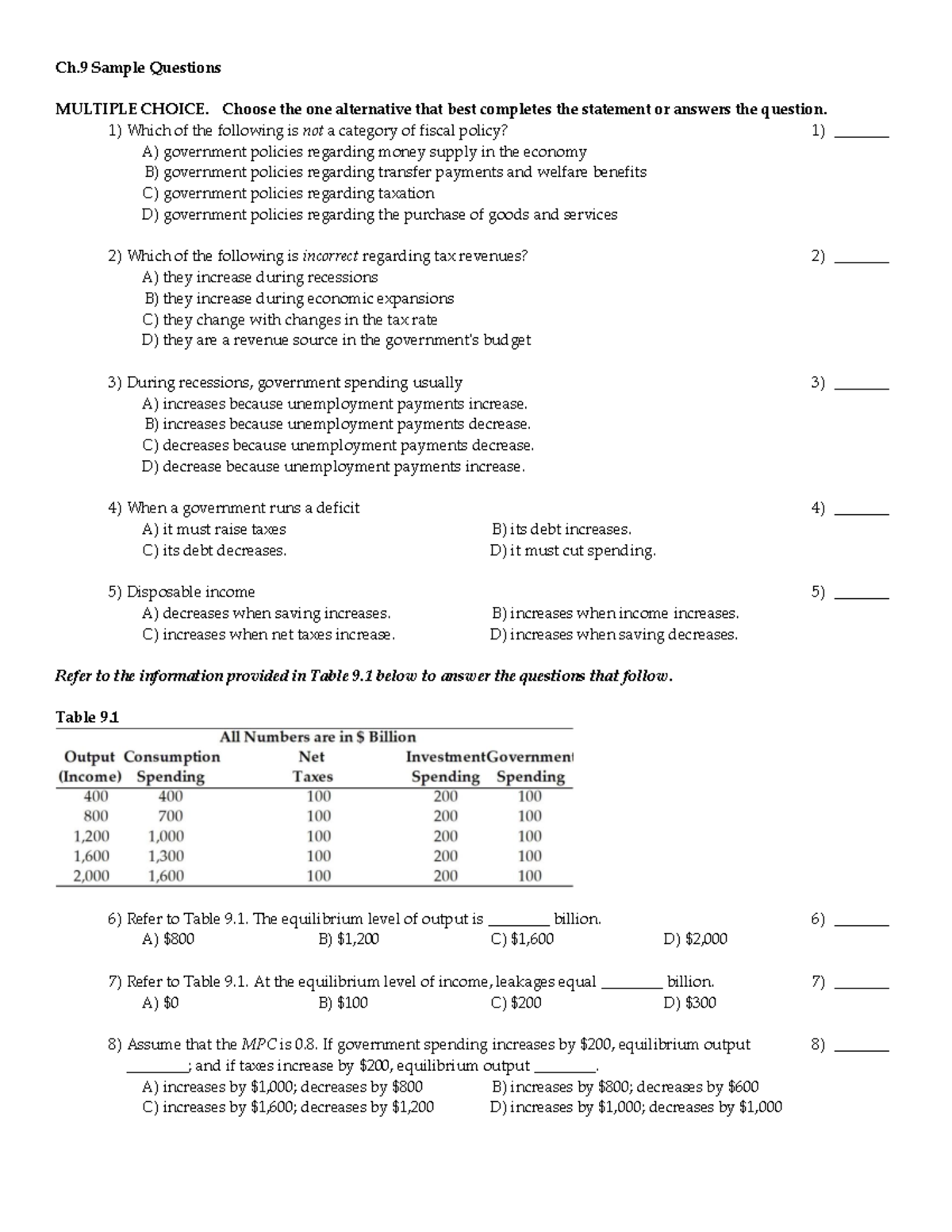 Ch.9 Sample Questions - Ch Sample Questions MULTIPLE CHOICE. Choose the ...