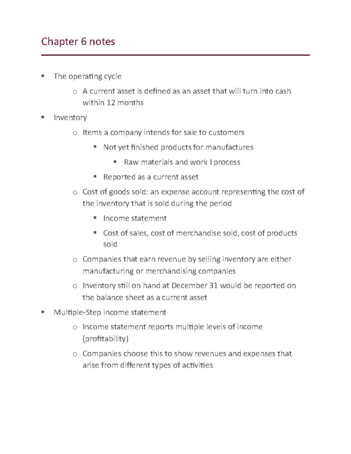 Chapter 6 acc notes - Branson - Chapter 6 notes The operating cycle o A ...