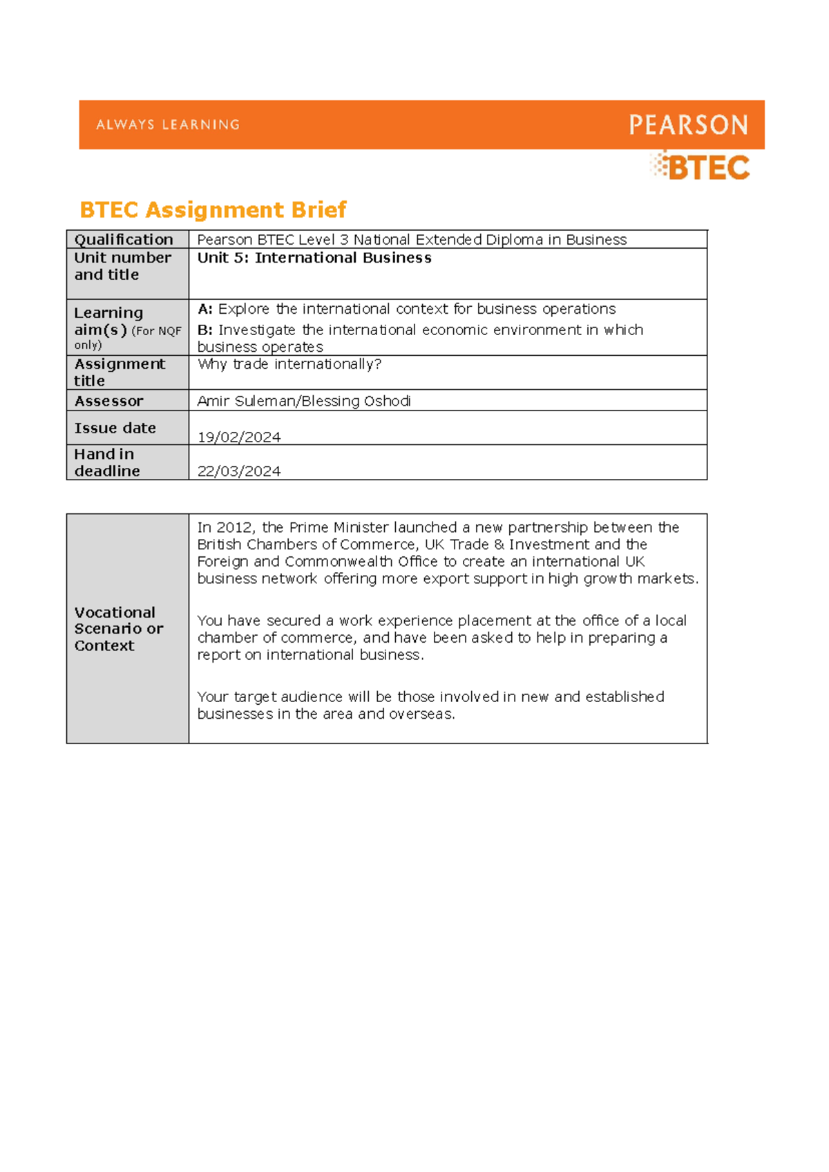 btec business authorised assignment briefs