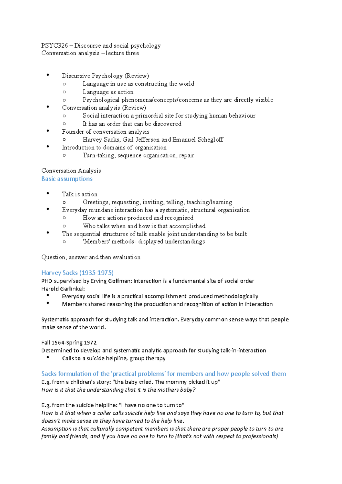 Conversation analysis lecture 3 PSYC326 Discourse and social