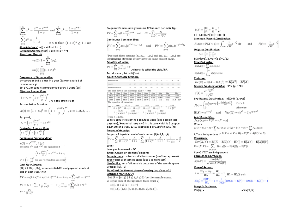 QF1100 cheatsheet - = Simple Interest: a(t) = a(0) × (1 + rt) Compound ...