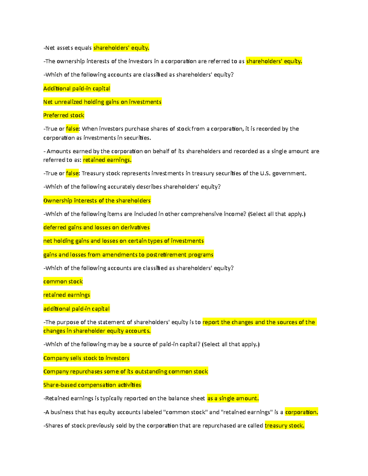 assignment worksheet 18.4 shareholders