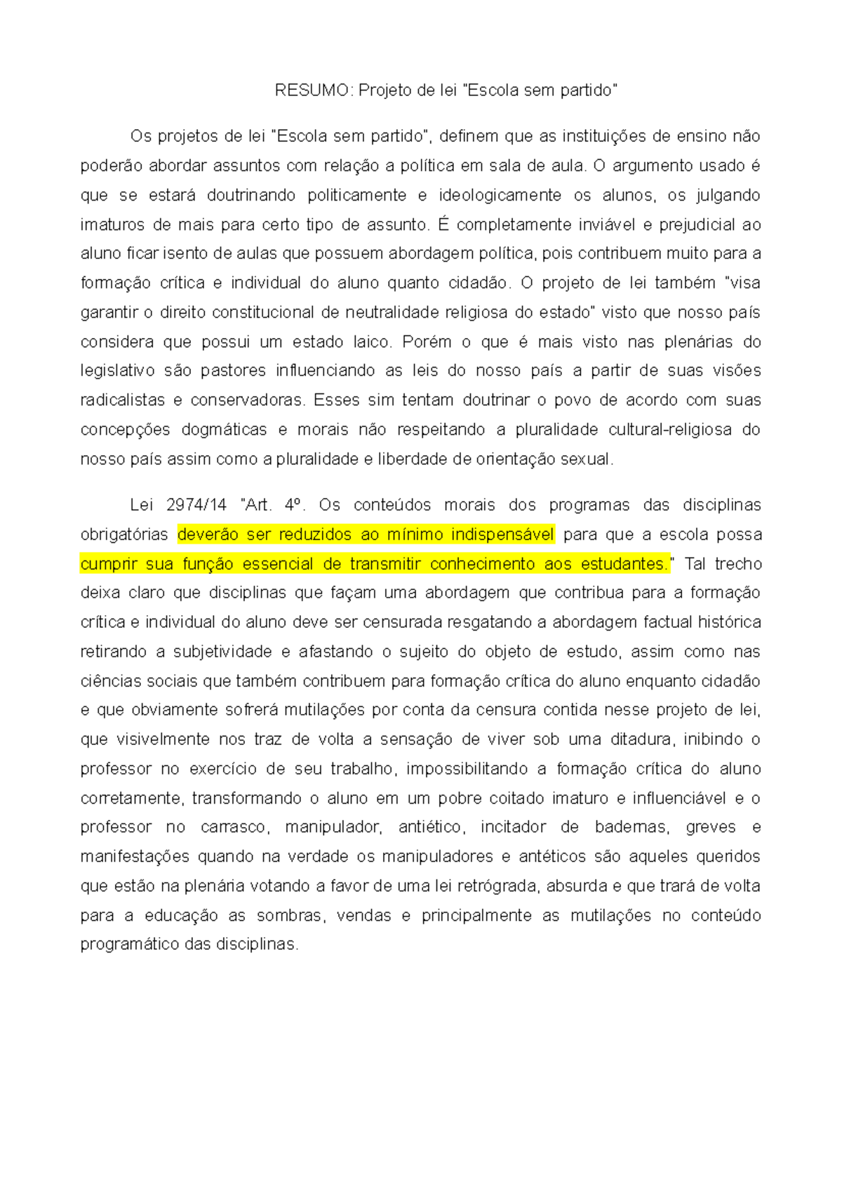 Resumo escola sem partido - RESUMO: Projeto de lei “Escola sem partido ...