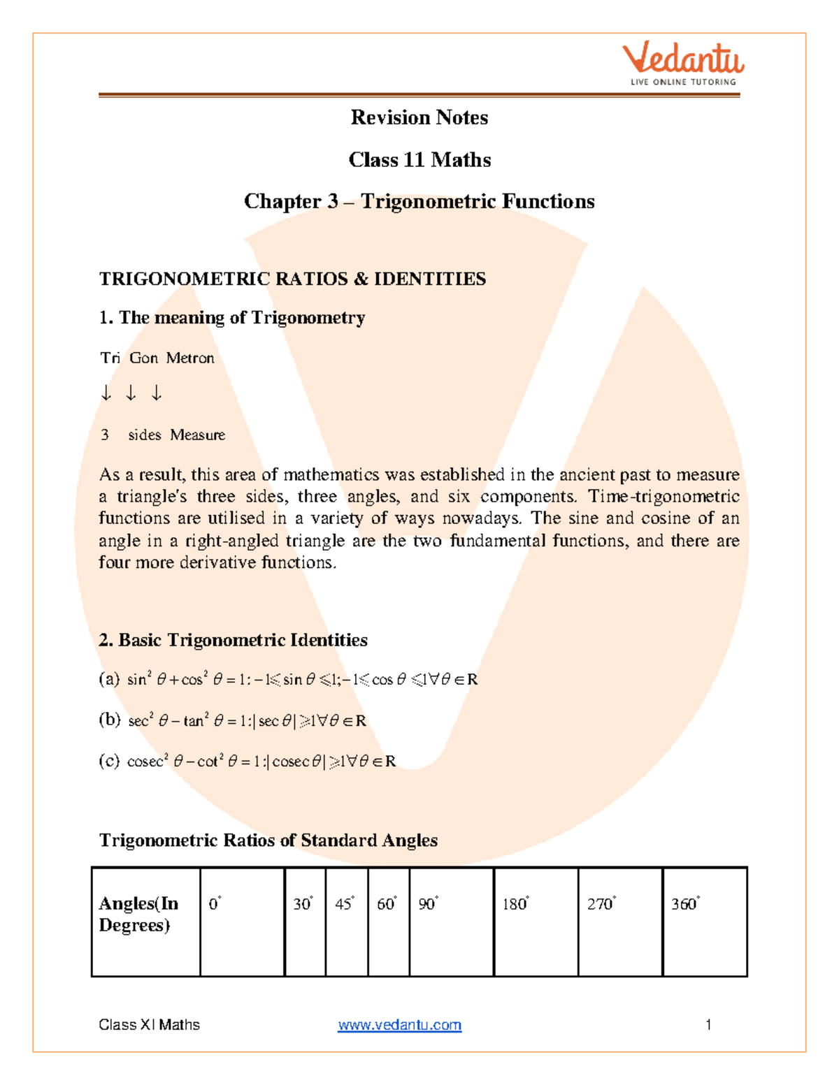 Class 11 Rivision notes Trigonometric functions - Revision Notes Class ...