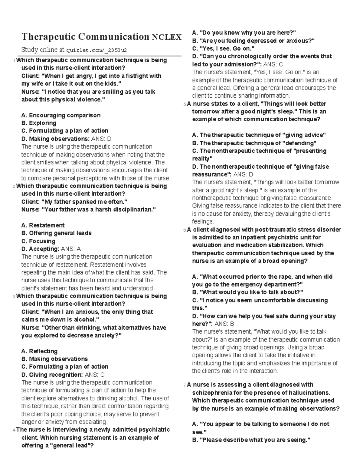 Nclex Therapeutic Communication NCLEX