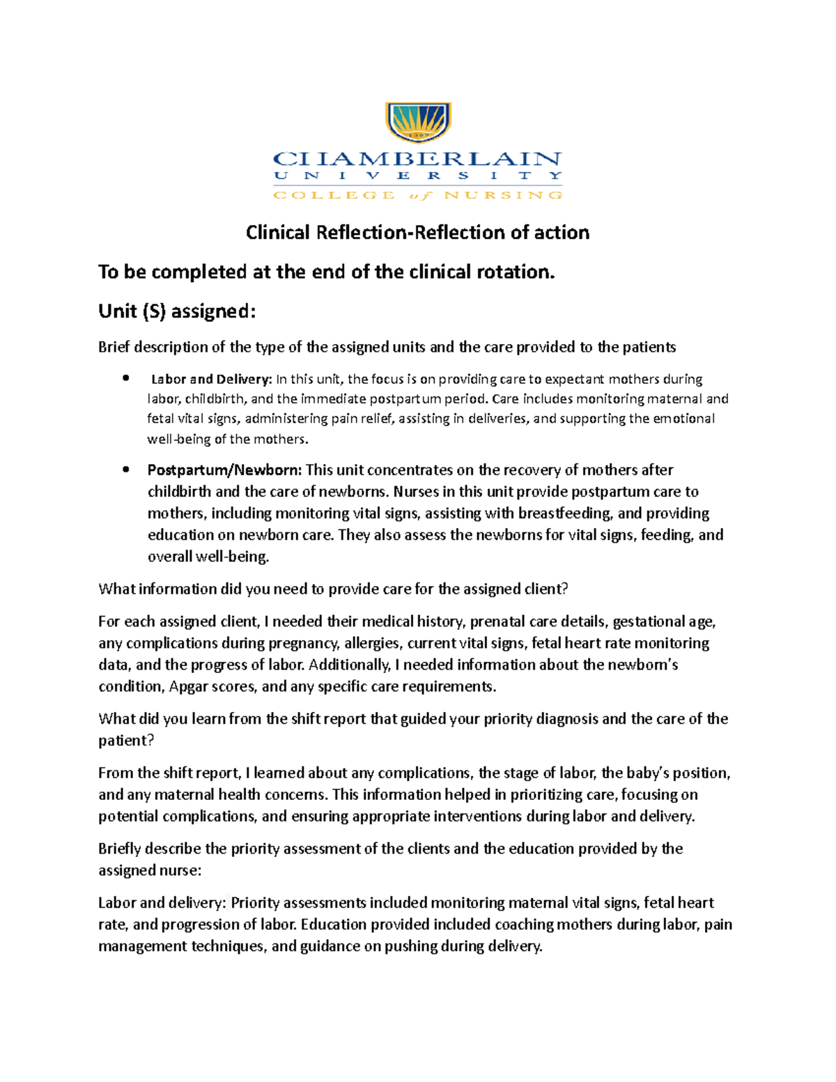 Maternal overall reflection Clinical ReflectionReflection of action