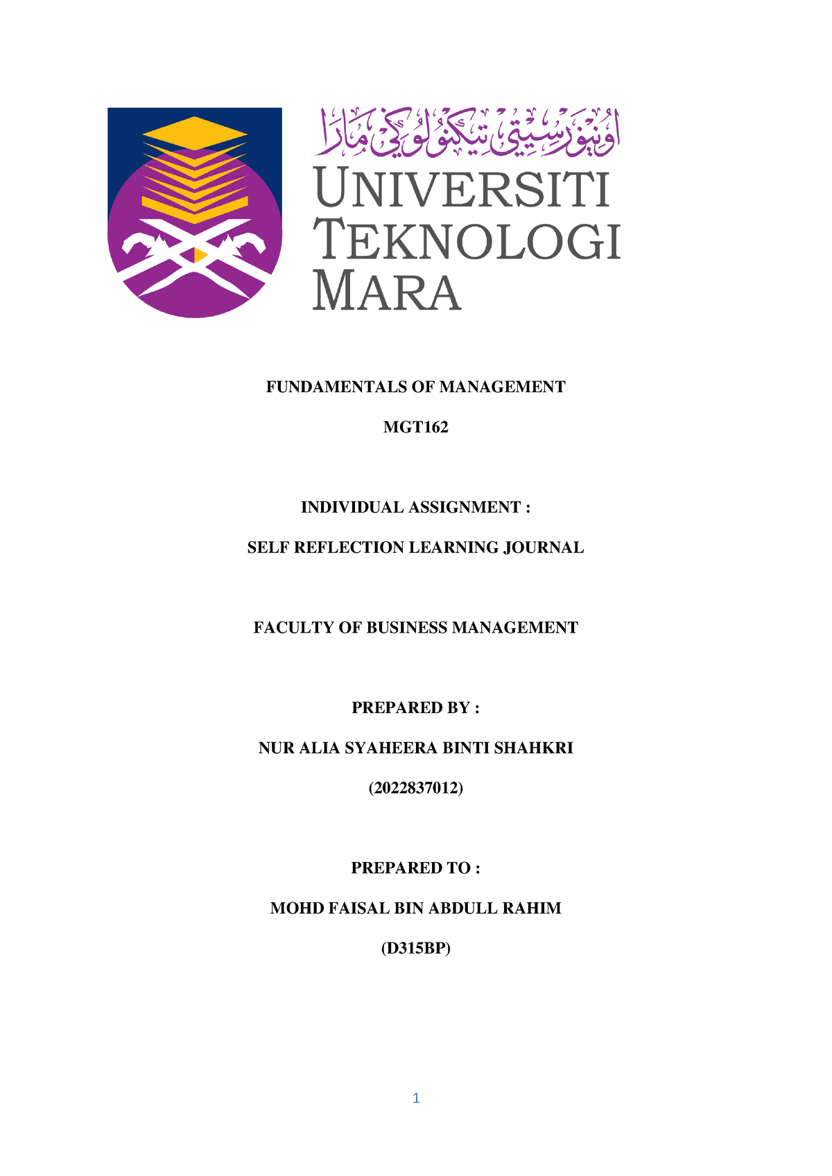 MGT162 Individual Assignment - FUNDAMENTALS OF MANAGEMENT MGT ...