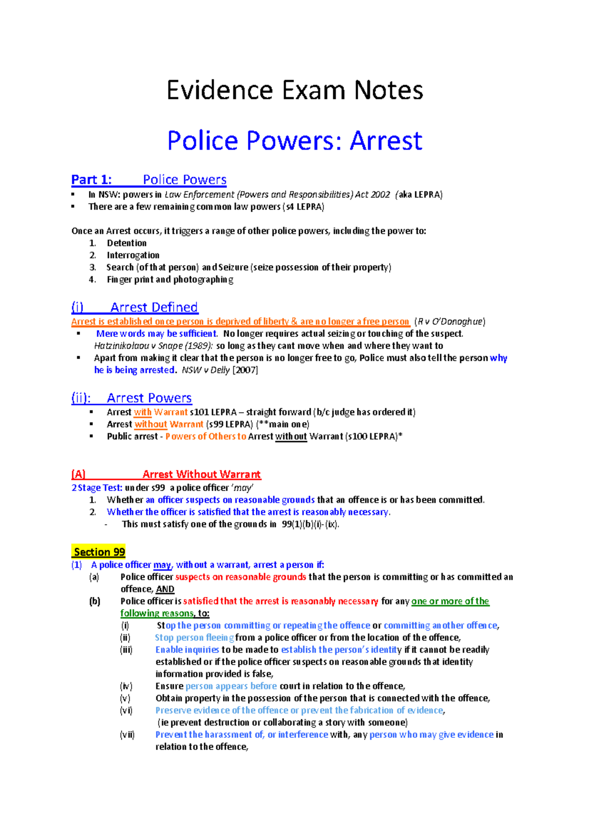 Notes crim - Police Arrest Powers - Evidence Exam Notes Police Powers ...