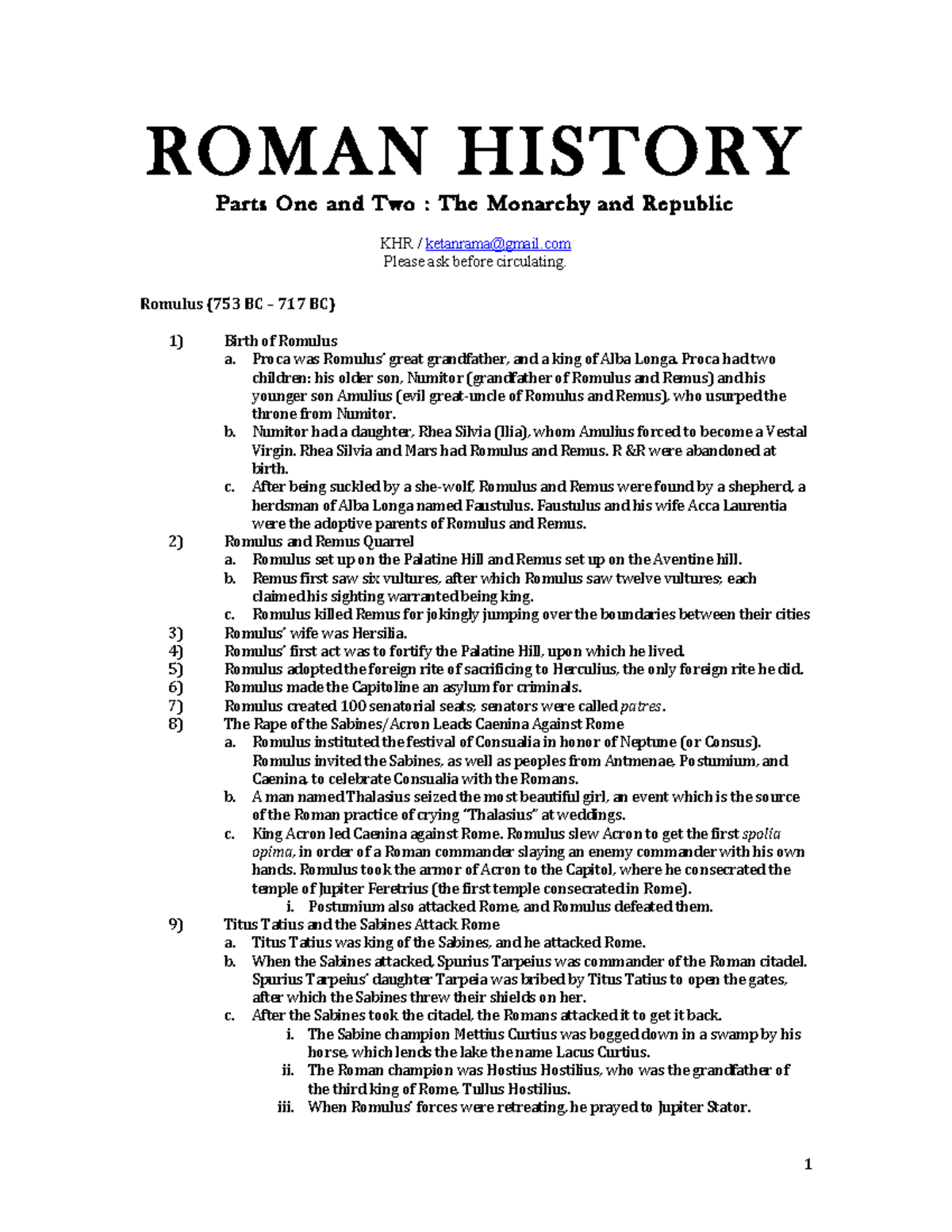 Outline Of Roman History Iand II - ROMAN HISTORY Parts One and Two ...