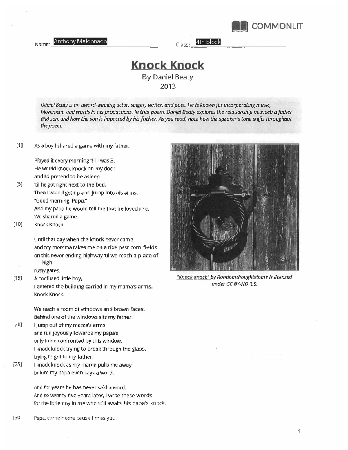 Knock Knock..... - Name: COMMONLIT Class: Knock Knock By Daniel Beaty ...