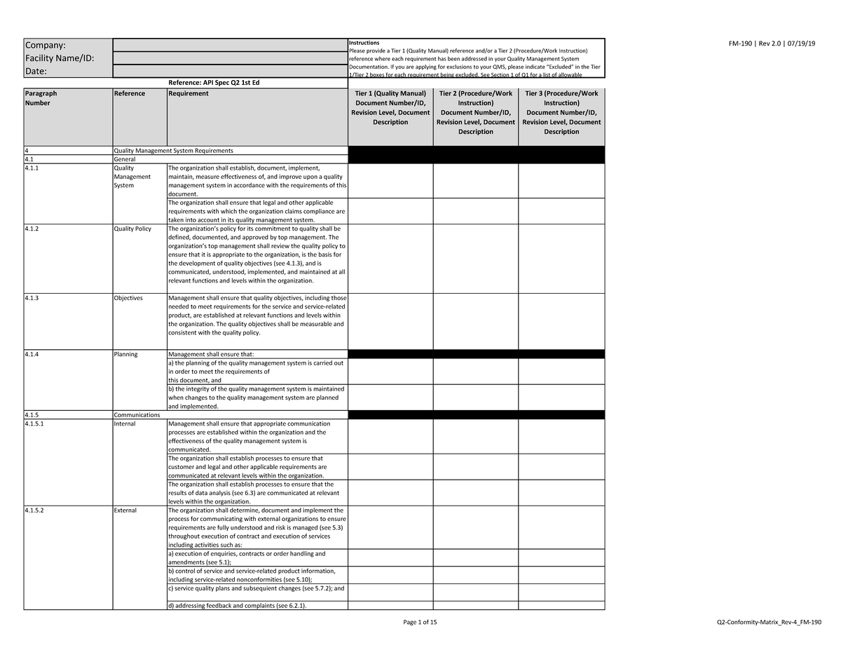 Q2 Conformity Matrix - for auditor training and learning purposes ...