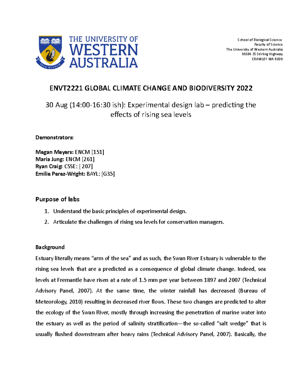Week 6 lab - Week 6 lab - ENVT2221 GLOBAL CLIMATE CHANGE AND ...