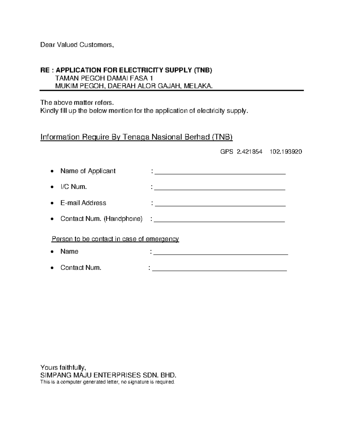 Application FORM for TNB (pegohph 1) - Dear Valued Customers, RE ...