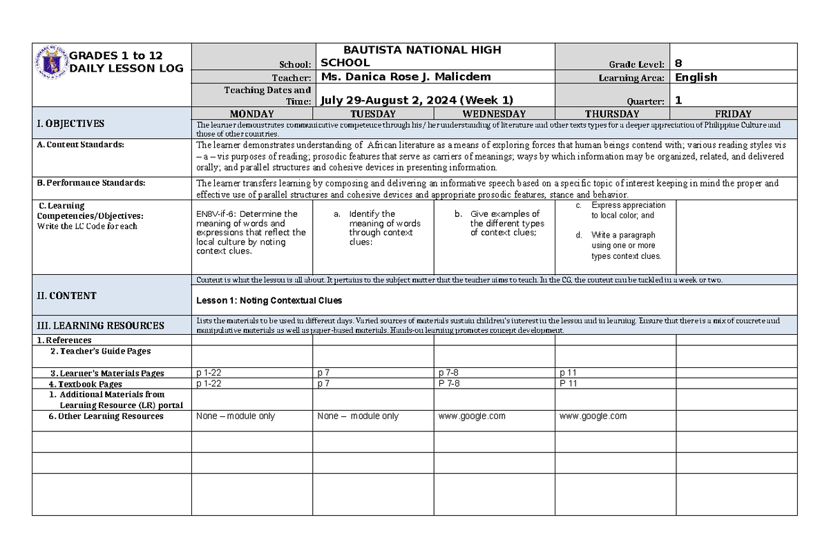 English-8 DLL Week-1-2 - GRADES 1 to 12 DAILY LESSON LOG School ...
