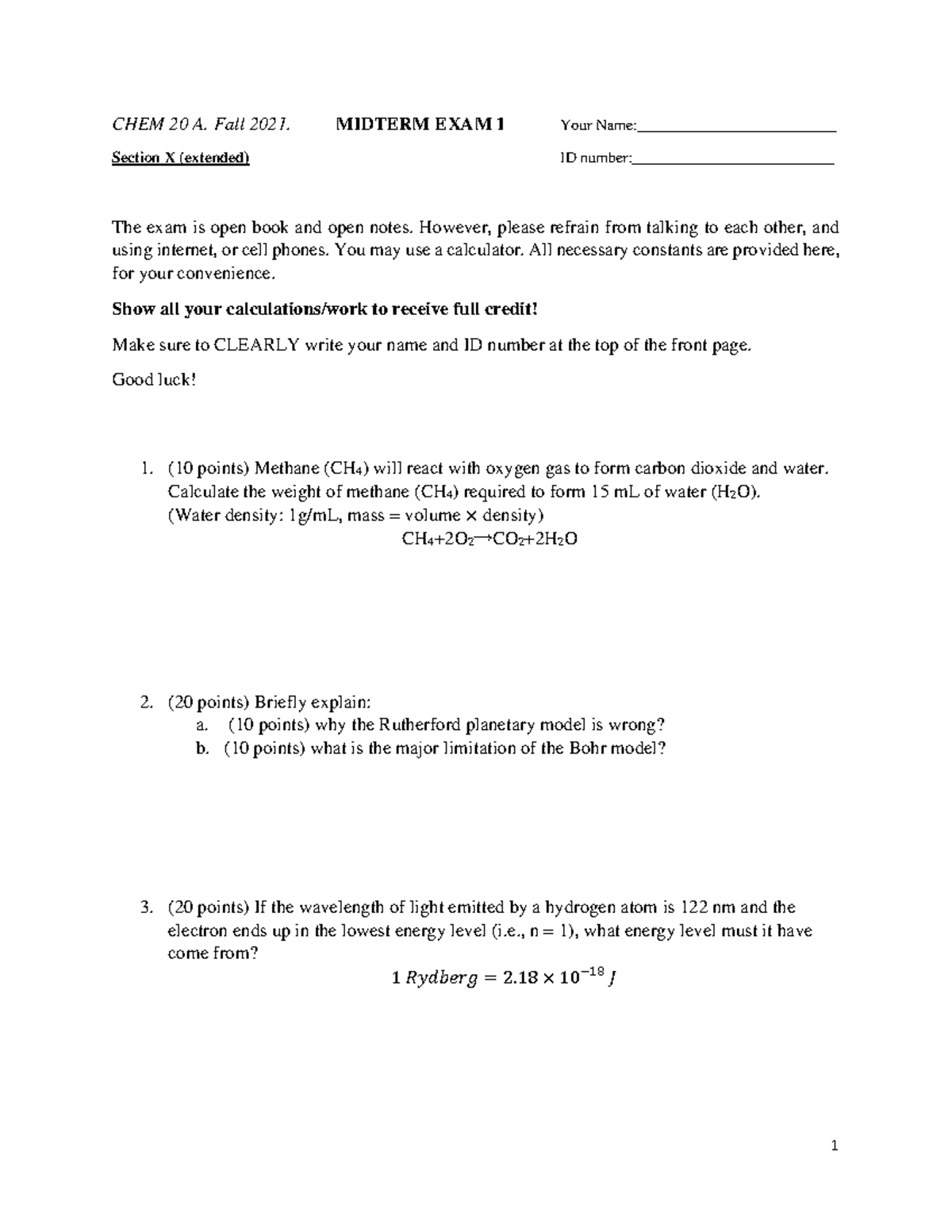 Chem 20A - Midterm 1 Extra Practice - 1 CHEM 20 A. Fall 2021. MIDTERM ...