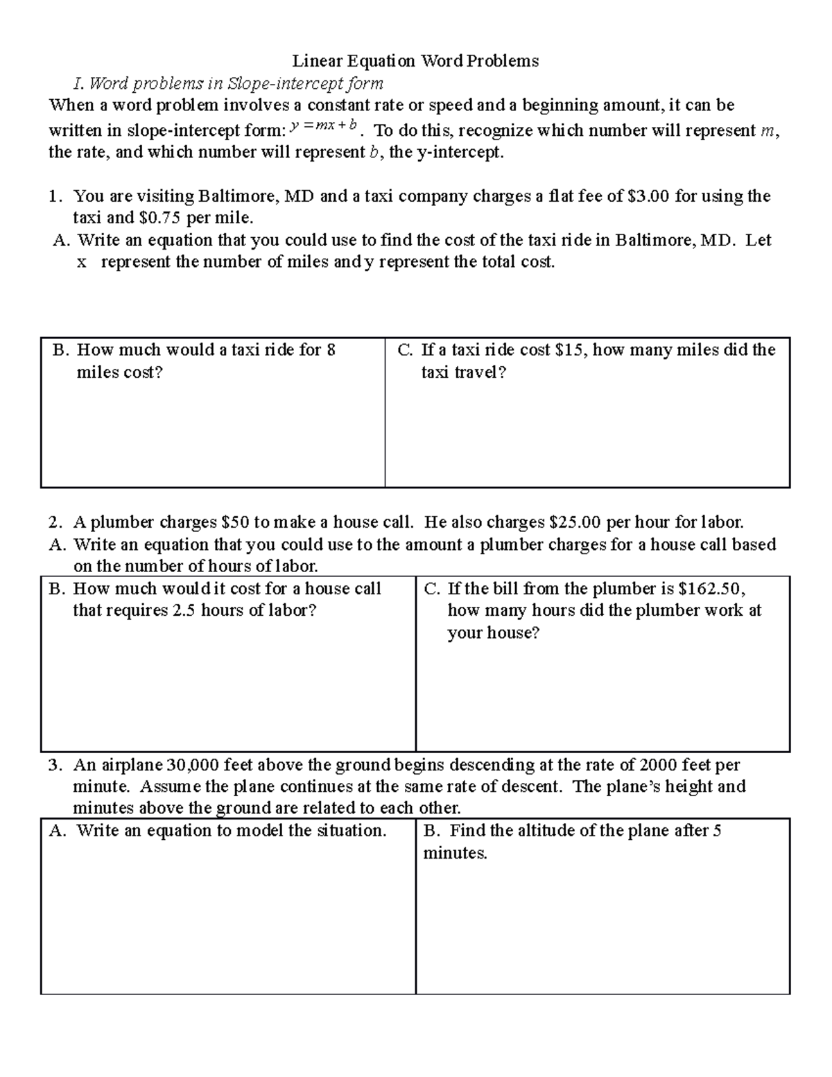 Linear Functions Word Problems Worksheet