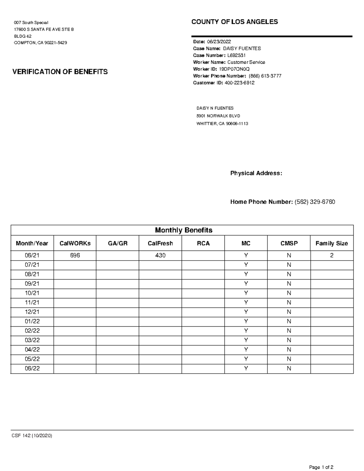 Verification of Benefits - CSF 142 (10/2020) Page 1 of 2 007 South ...