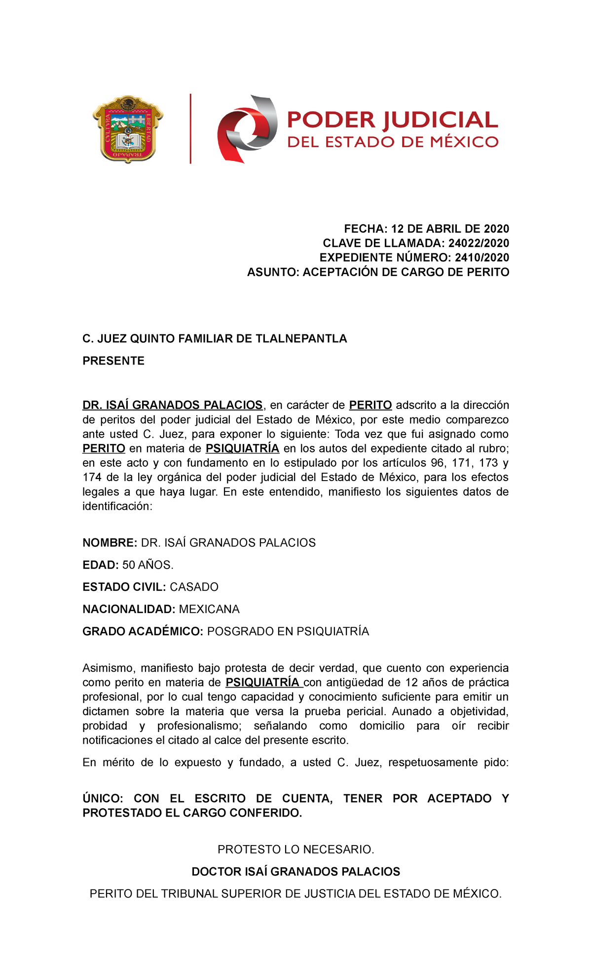 11 Aceptacion De Cargo Perito Isai Fecha 12 De Abril De 2020 Clave