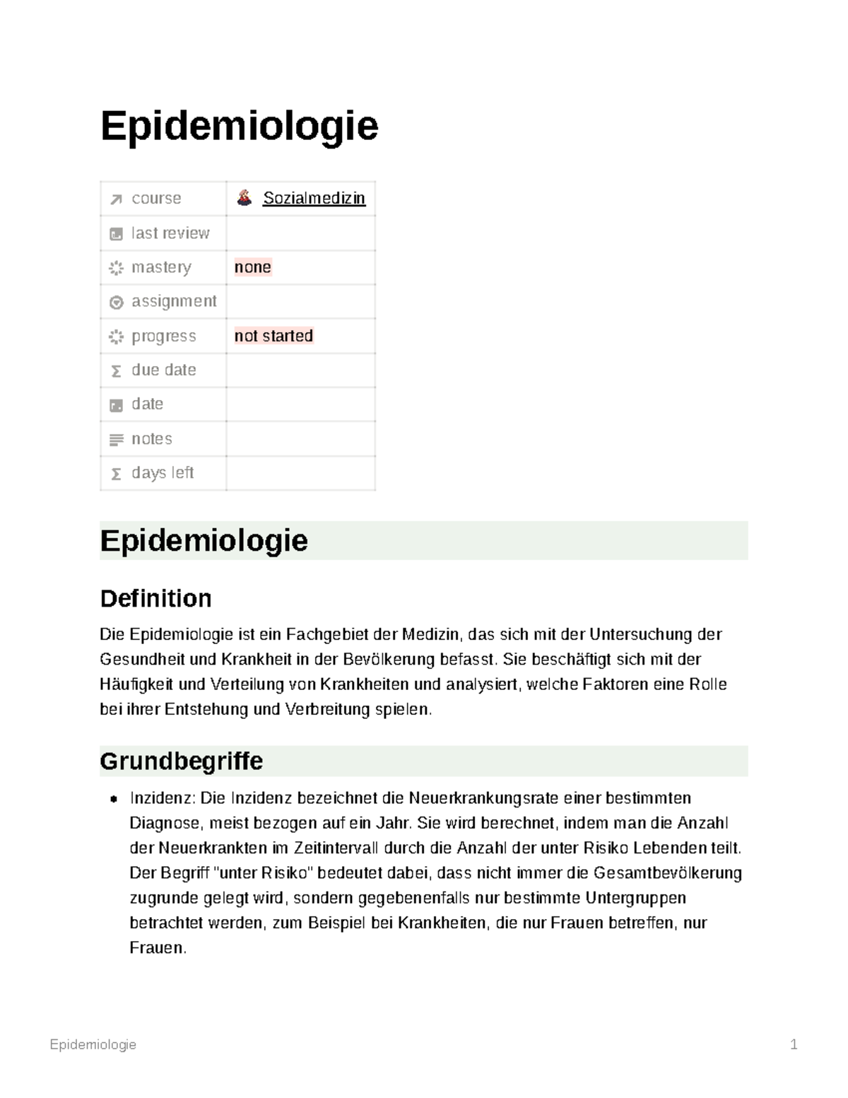 Epidemiologie I - Epidemiologie Course Sozialmedizin Last Review ...