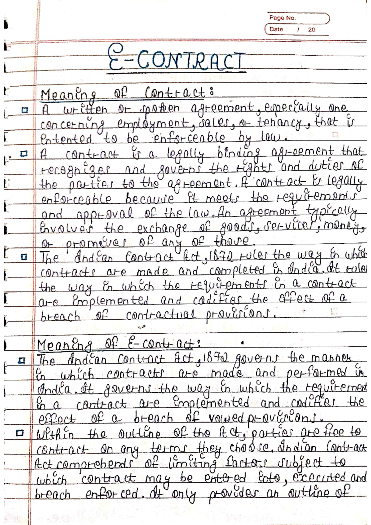 Onlin contract Page No. Date 20 CONTRACT Meaning of Contract A