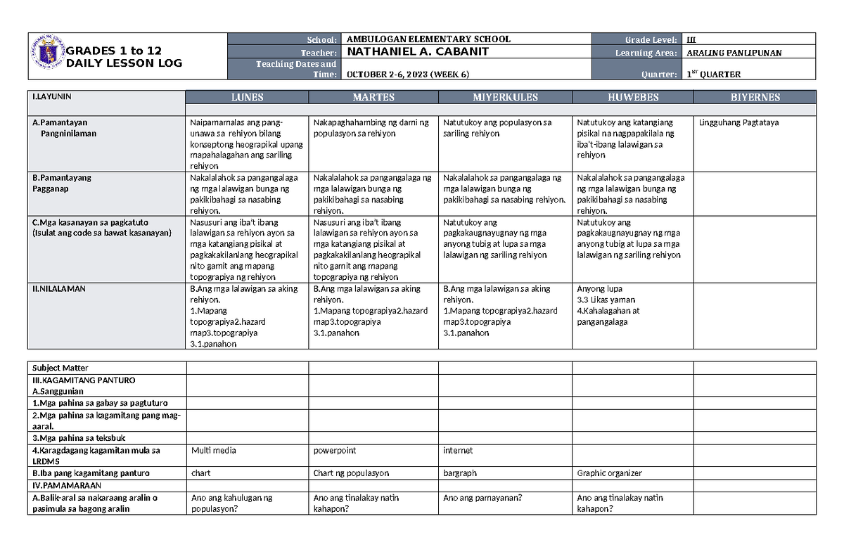 DLL Araling Panlipunan 3 Q1 W5 - GRADES 1 to 12 DAILY LESSON LOG School ...