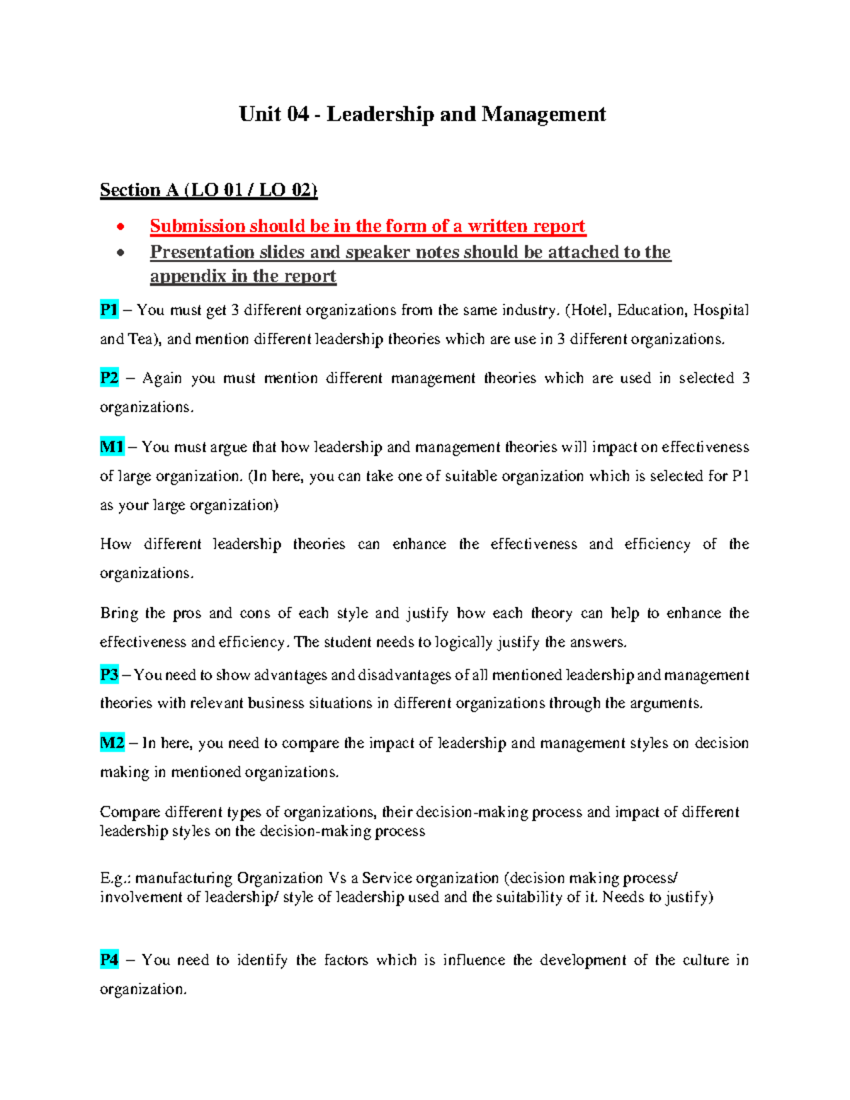 L M Assignmnet structure - Unit 04 - Leadership and Management Section ...