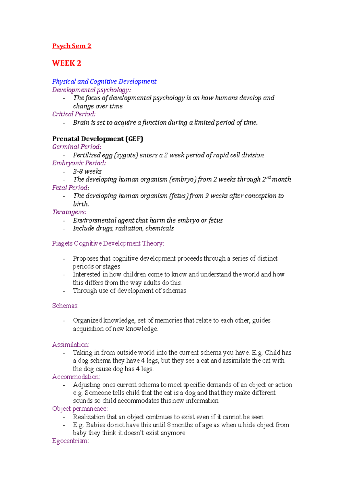 Psych Sem 2 Notes - Jennifer Beaudry - Psych Sem 2 WEEK 2 Physical and ...