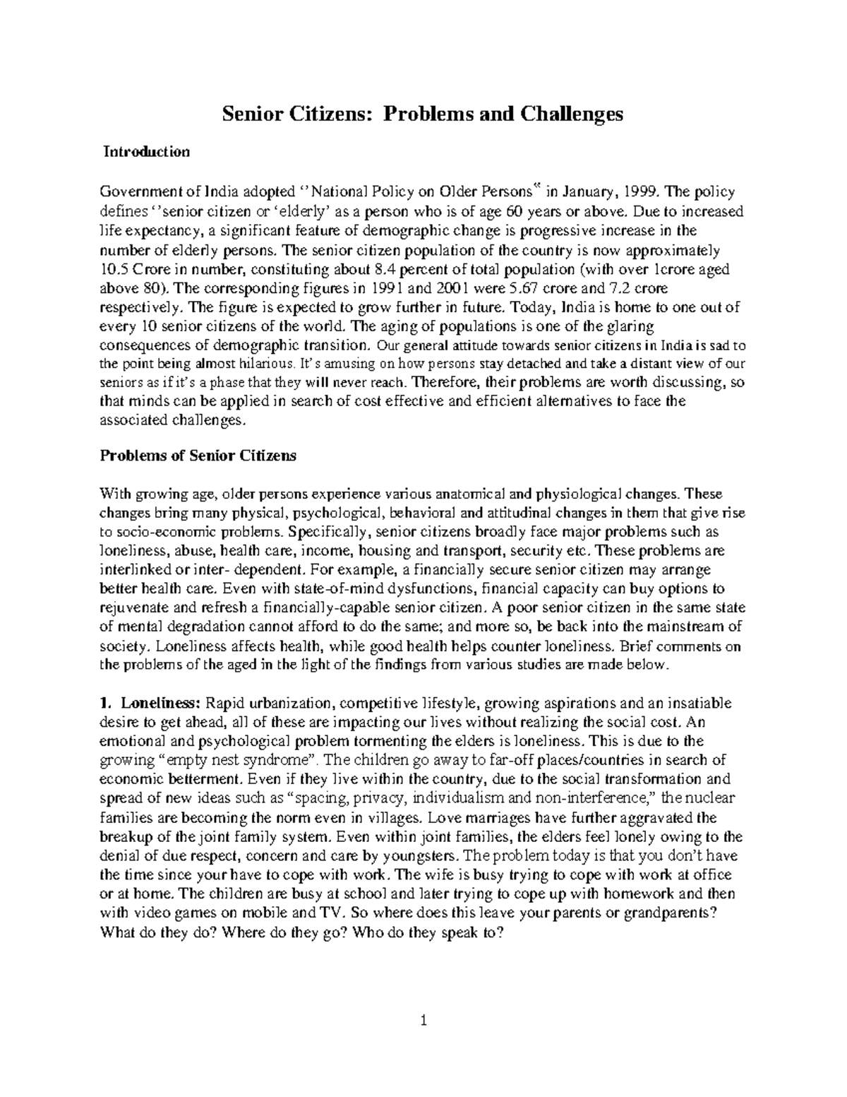 Sr Ctznproblemsandchallenges - Senior Citizens: Problems and Challenges ...