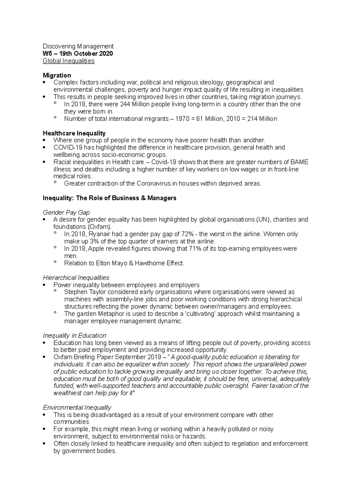 Term 1 Week 5 Discovering Management Lecture Notes - Discovering ...