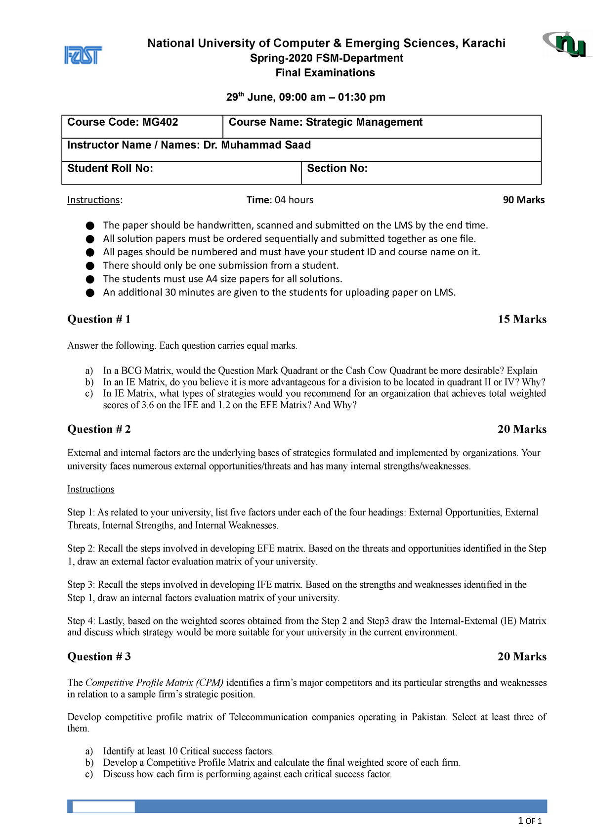 strategic management final exam case study