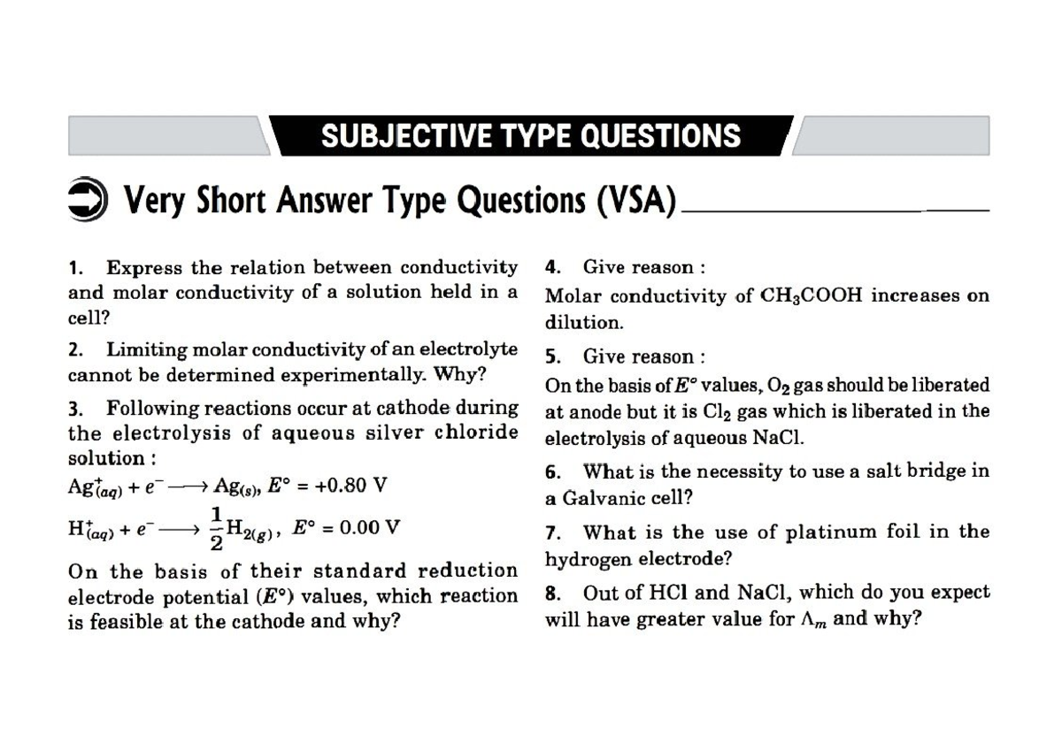 Electrochemistry Practice Questions - SUBJECTIVE TYPE QUESTIONS Very ...