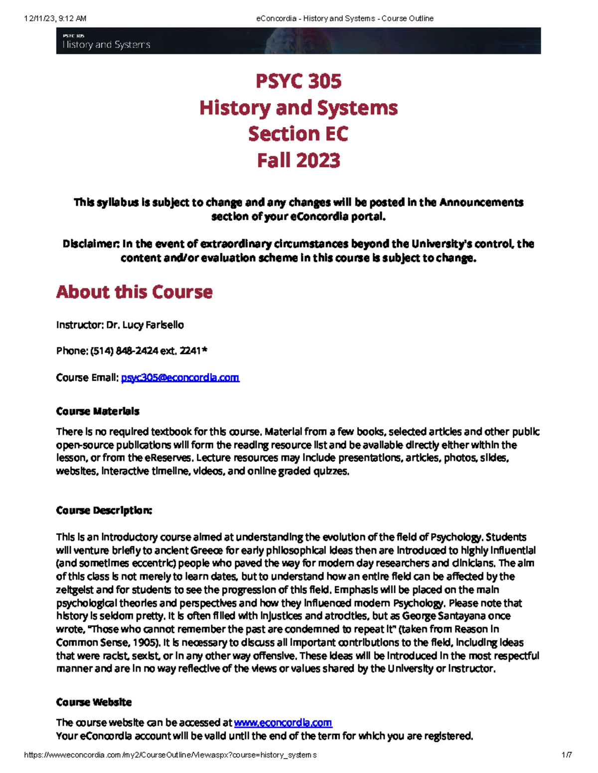 E Concordia - History and Systems - Course Outline (Fall 2023) - PSYC ...