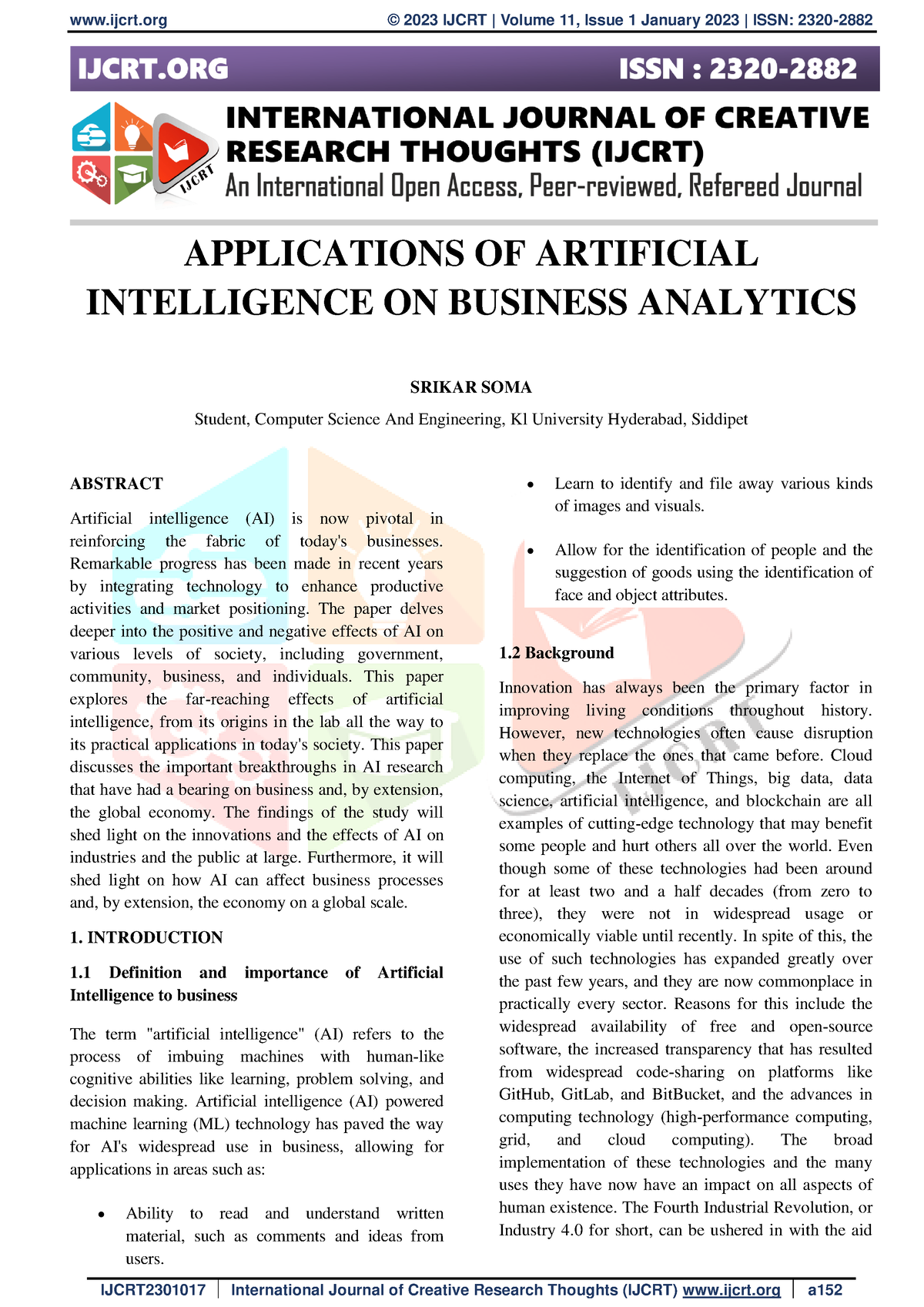 Ijcrt 2301017 - Fgnnn - APPLICATIONS OF ARTIFICIAL INTELLIGENCE ON ...