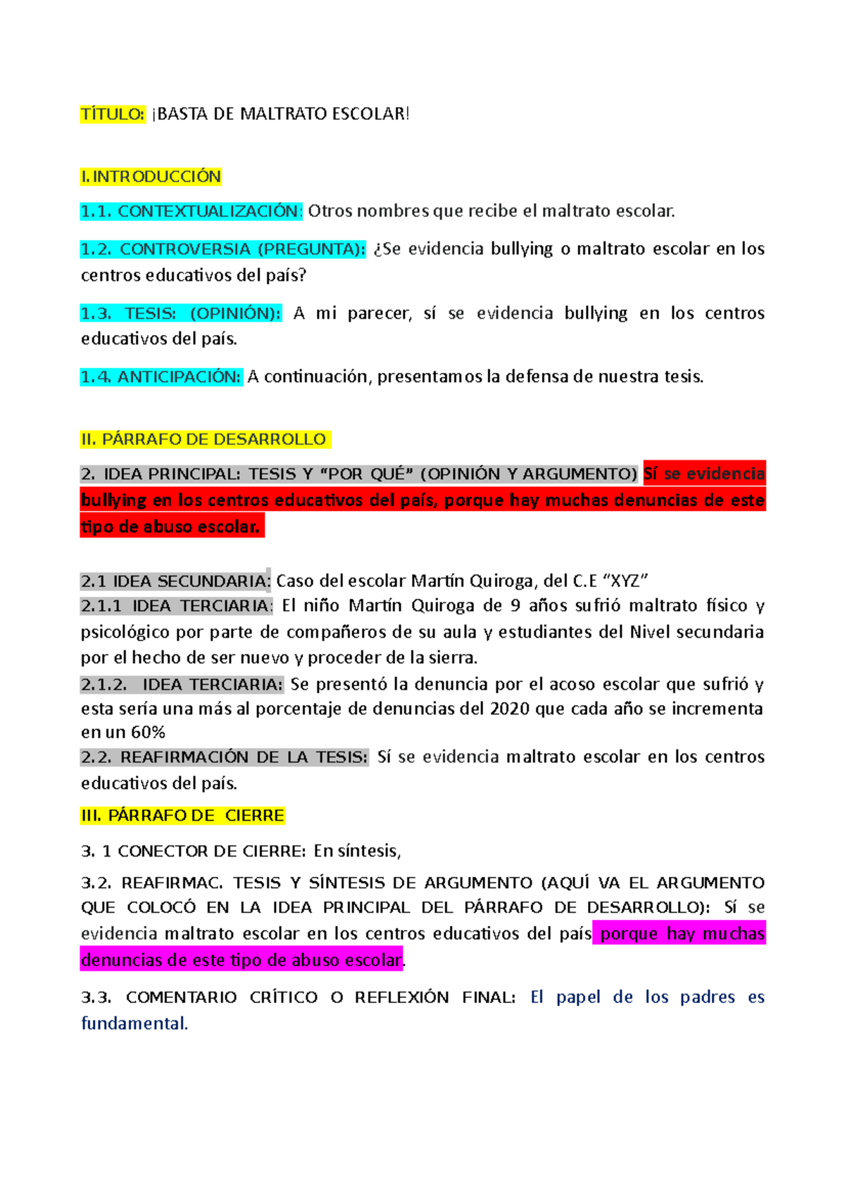 Utp Ejemplo De Esquema Y Texto Argumentativo Con P Rrafo De Desarrollo El Bullying