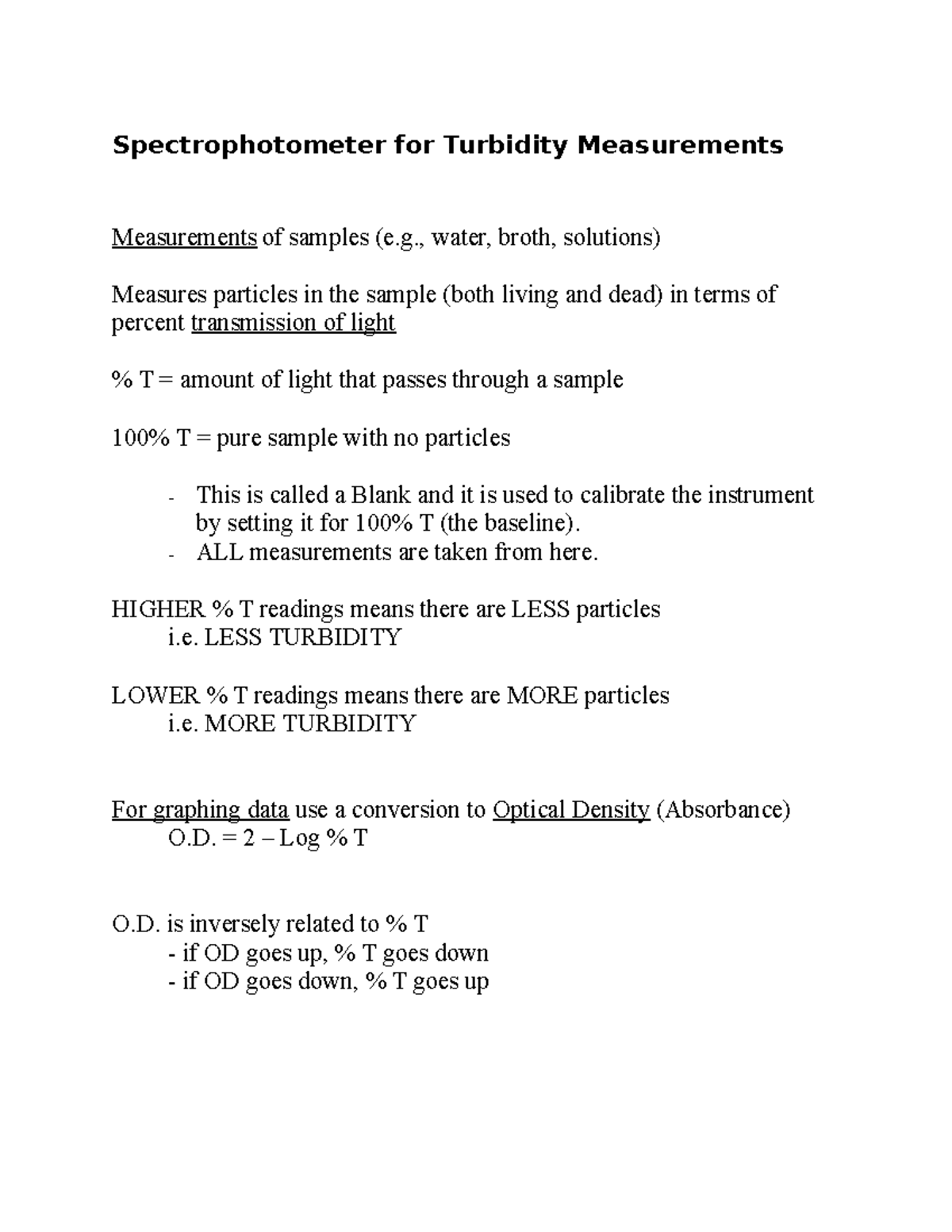 Lab Notes Spectrophotometer for Turbidity 1 Spectrophotometer for