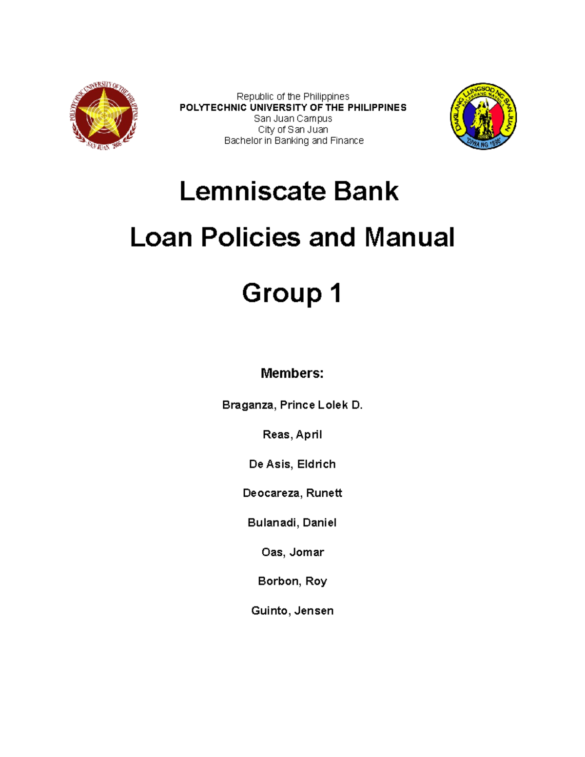 Group 1 Loan Policies and Manual Republic of the Philippines