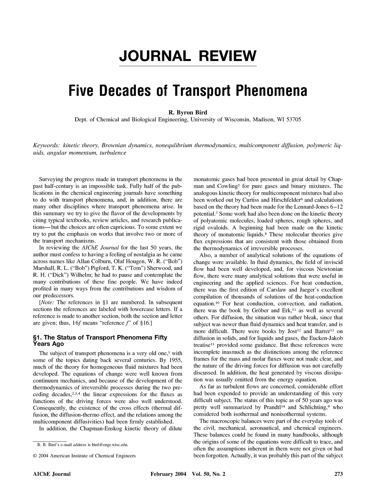 AIChe Journal 2004 Bird JOURNAL REVIEW Five Decades of Transport