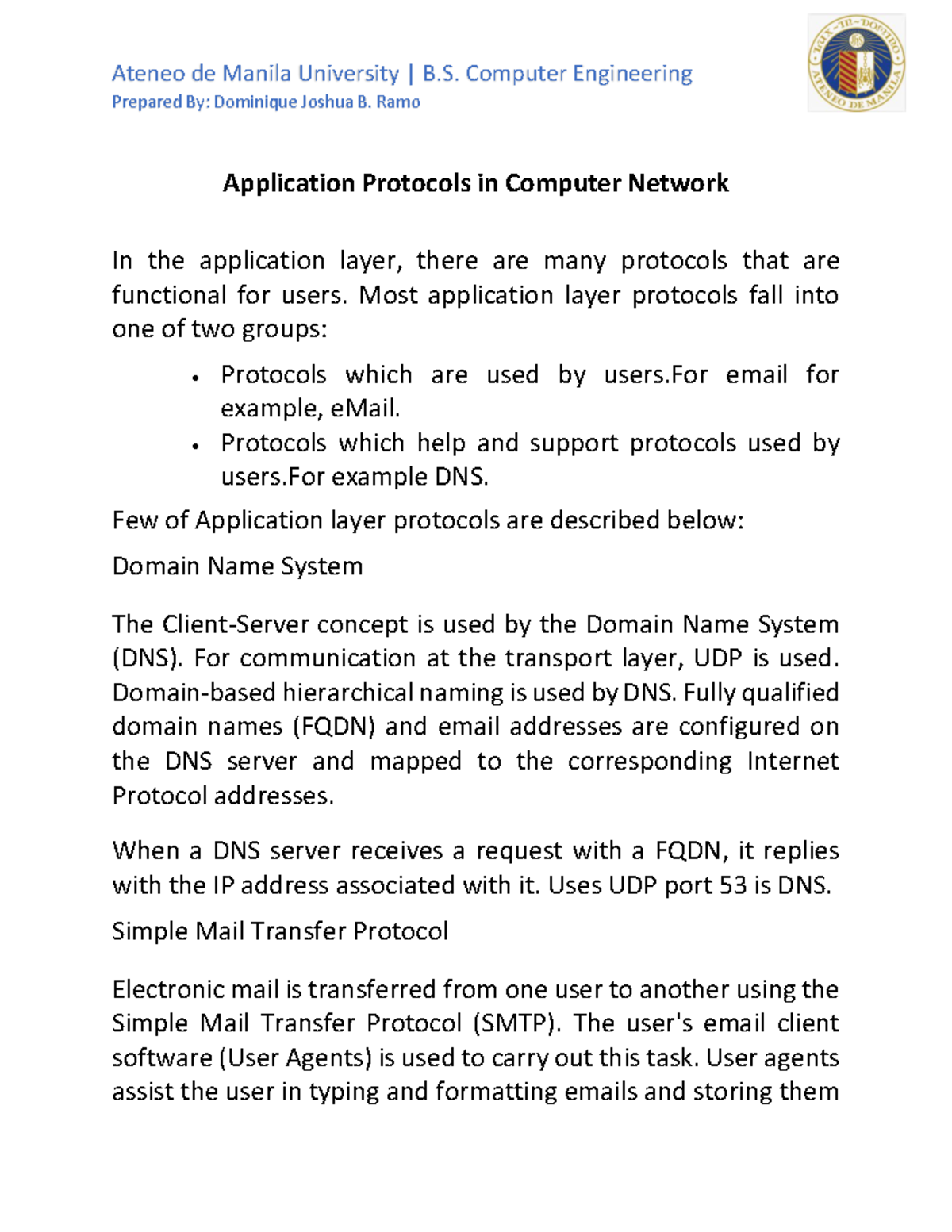 Study Guide - Application Protocols in Computer Network - Prepared By ...