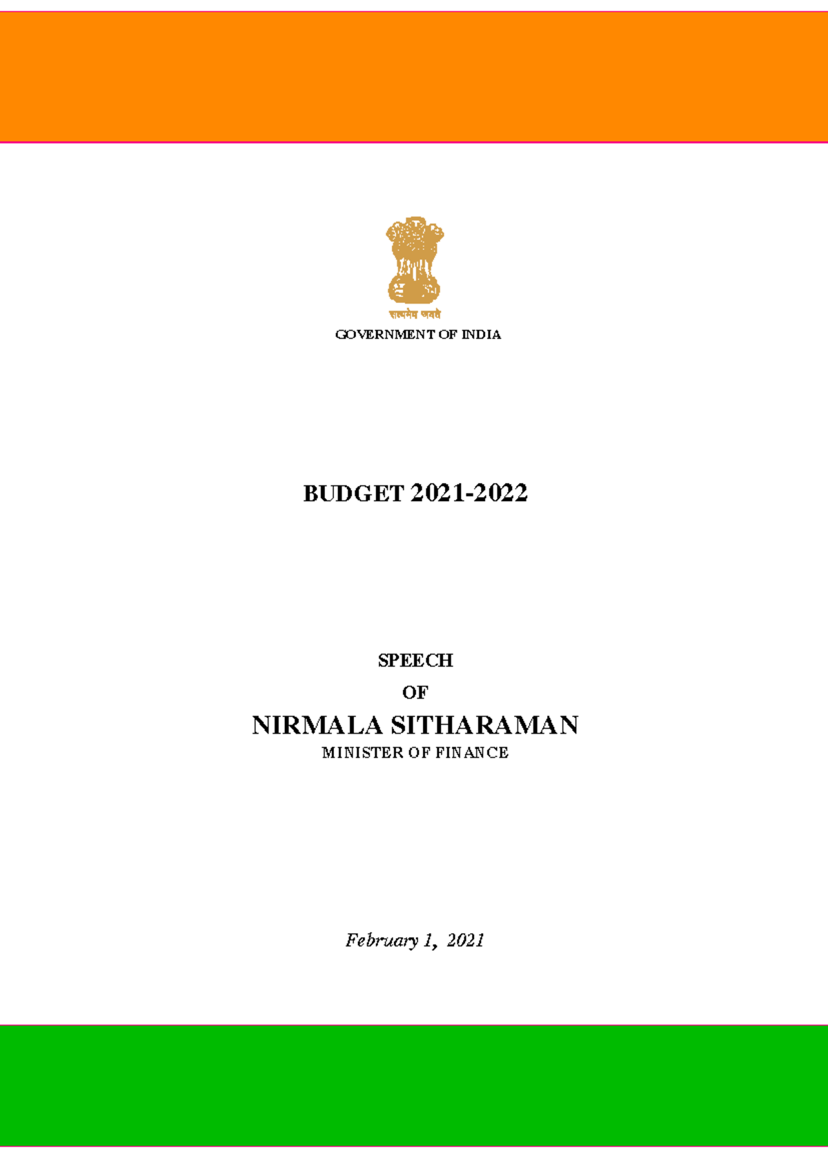 Budget Speech - GOVERNMENT OF INDIA BUDGET 2021- SPEECH OF NIRMALA ...