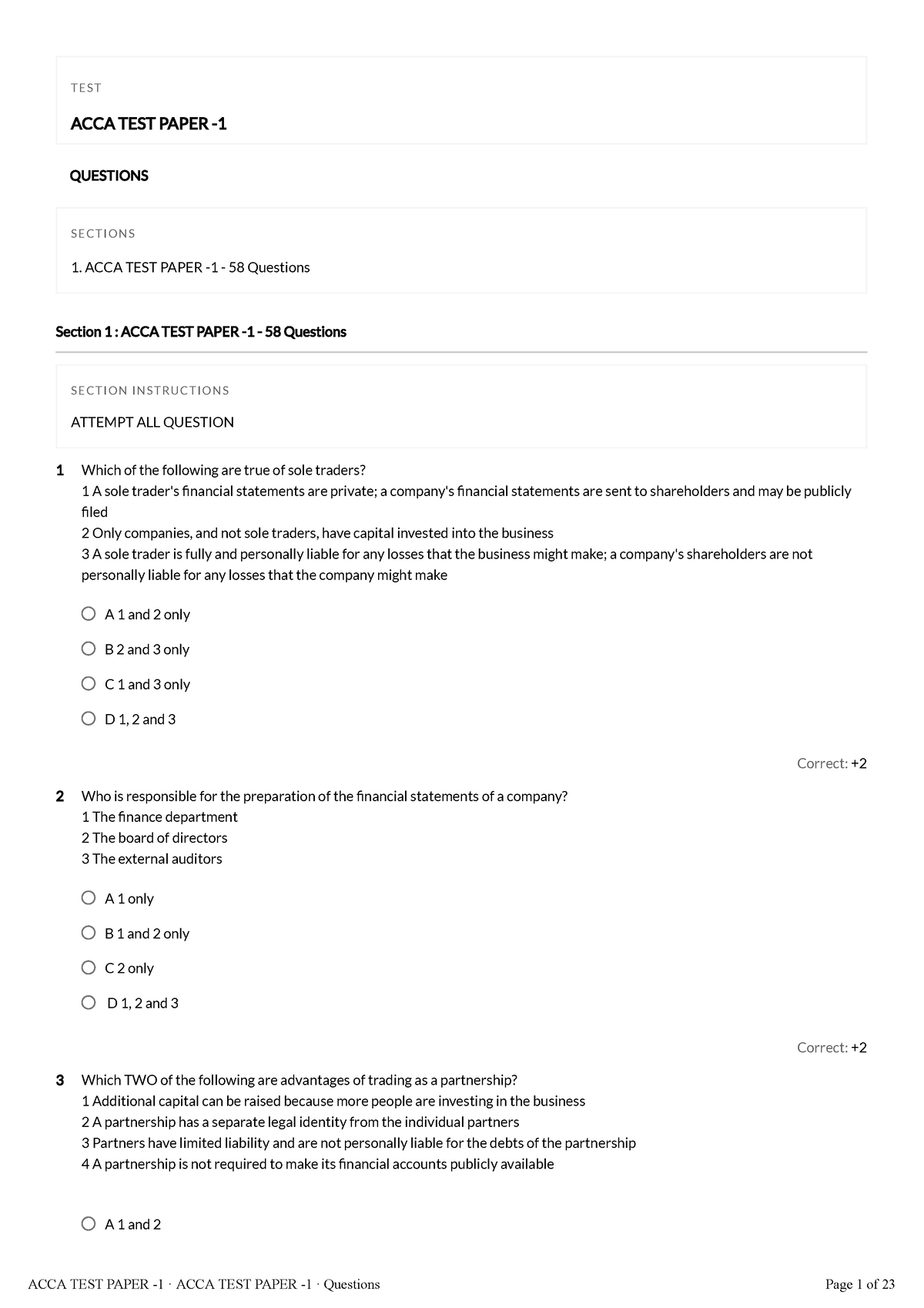 TEST Paper WITH ANS - Acca F3 Practise Materals - Correct: + Correct ...