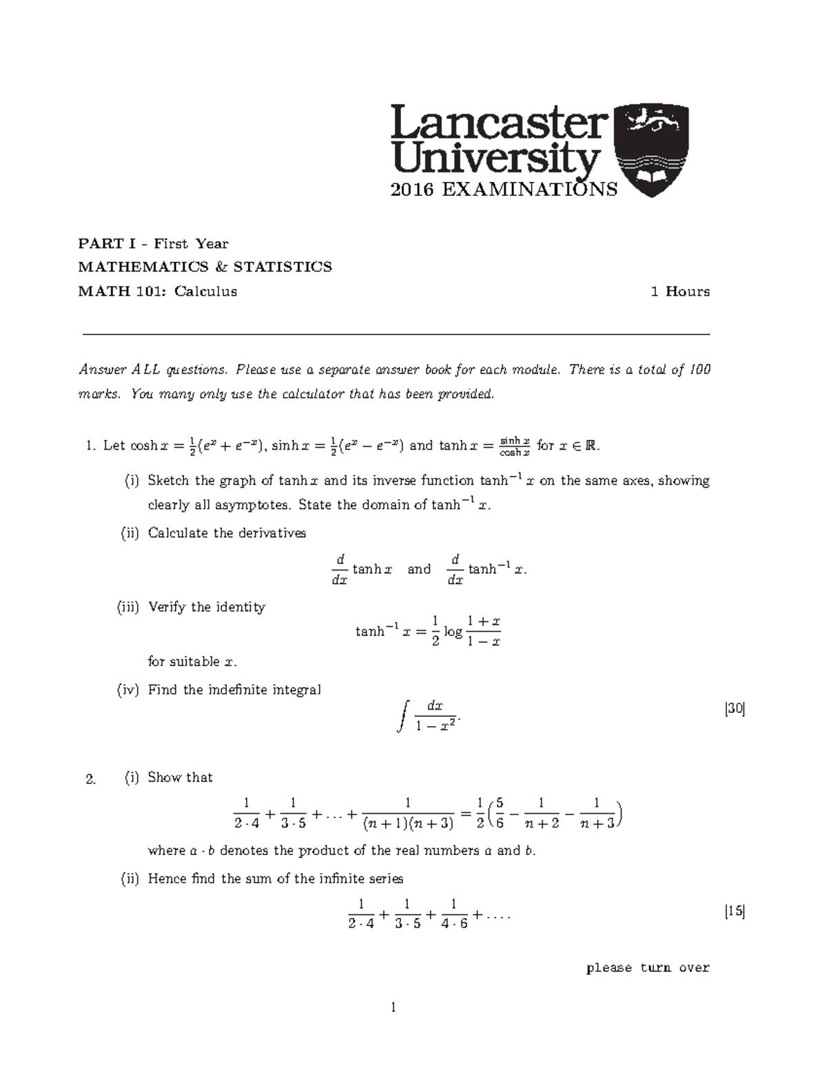 MATH101 2016 - DSV - 2016 EXAMINATIONS PART I - First Year MATHEMATICS ...