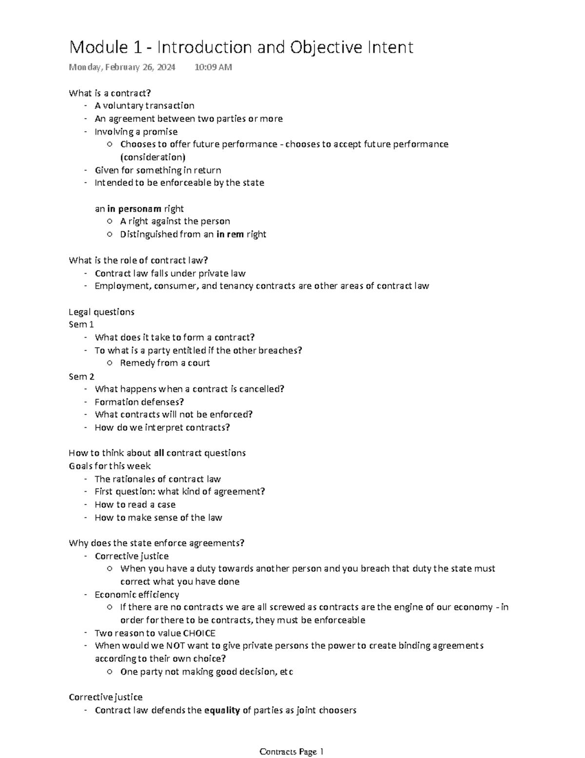 Module 1 - Introduction and Objective Intent - What is a contract? - A ...