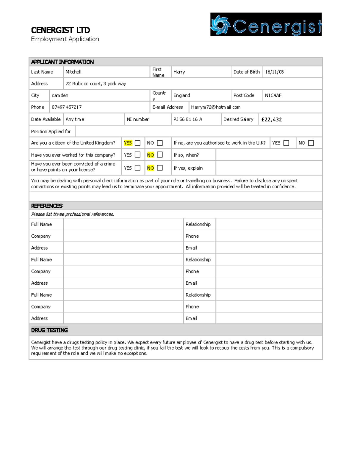 Blank Employment application - CENERGIST LTD Employment Application ...